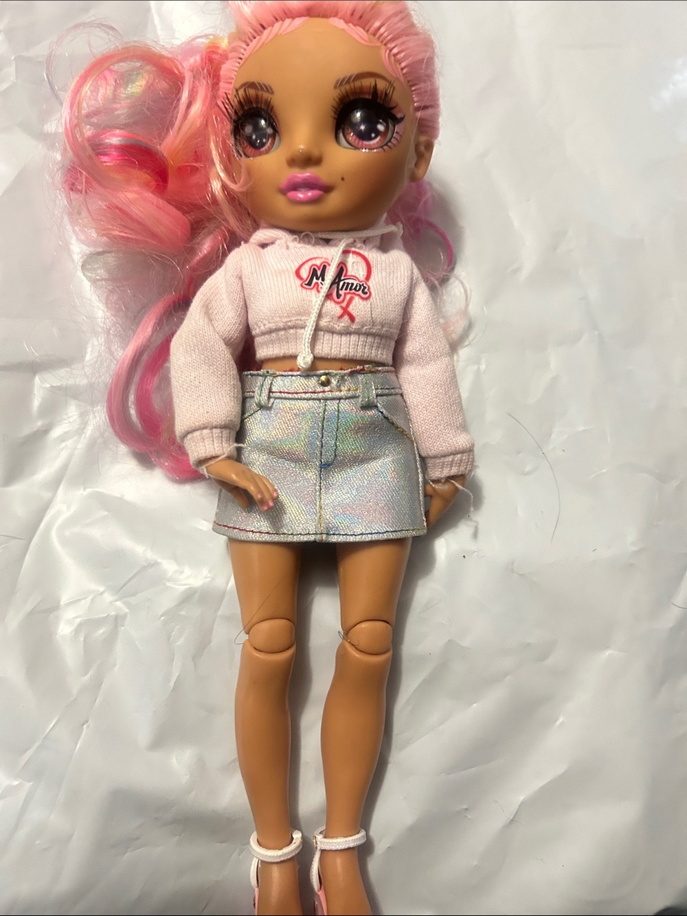 Pink-Haired Fashion Doll with Cropped Hoodie and Iridescent Skirt